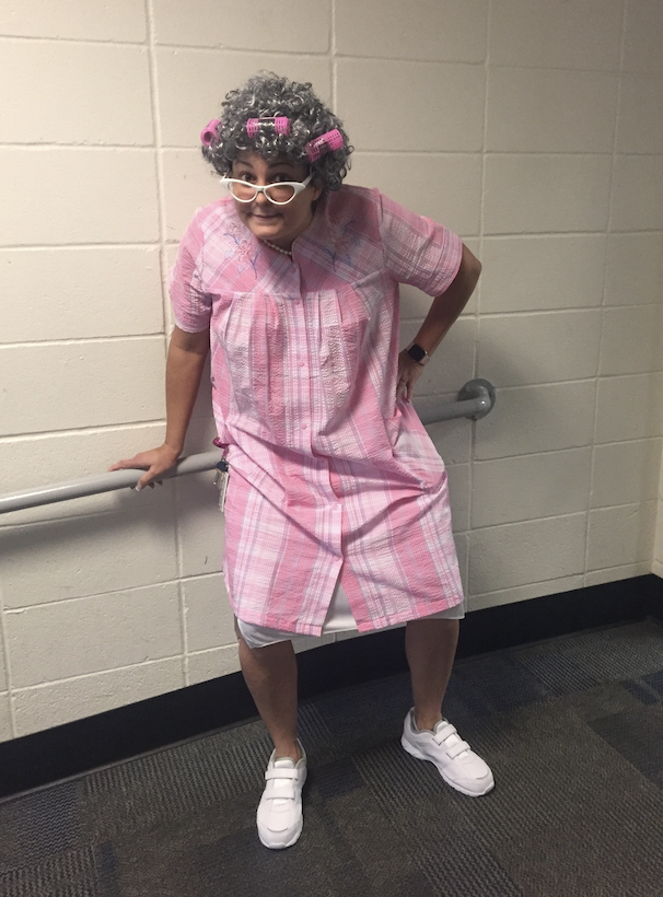 Sarah celebrating the 100th day of school dressed as a grandma